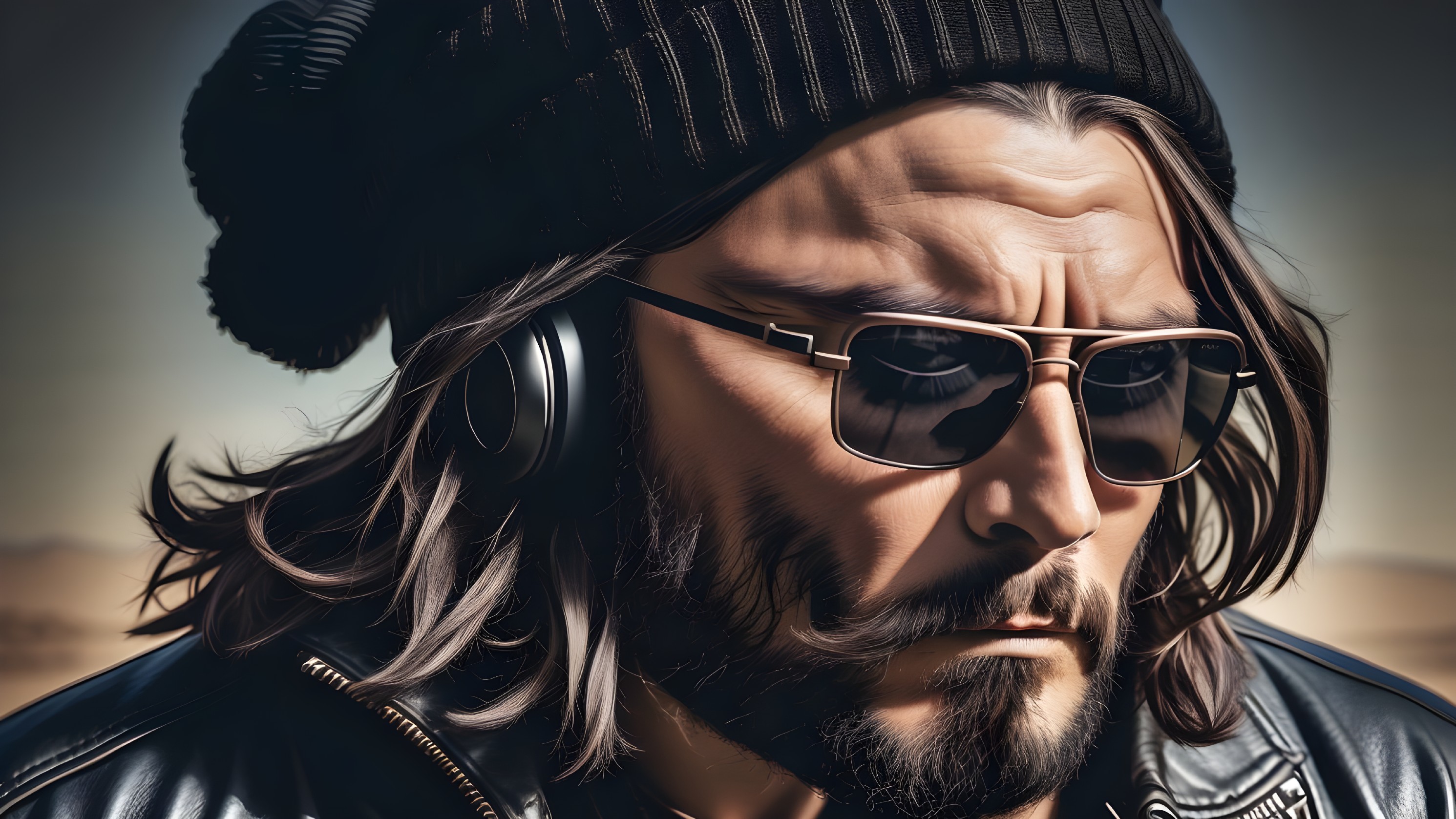 Close-up Portrait of a Man with Long Hair and Sunglasses