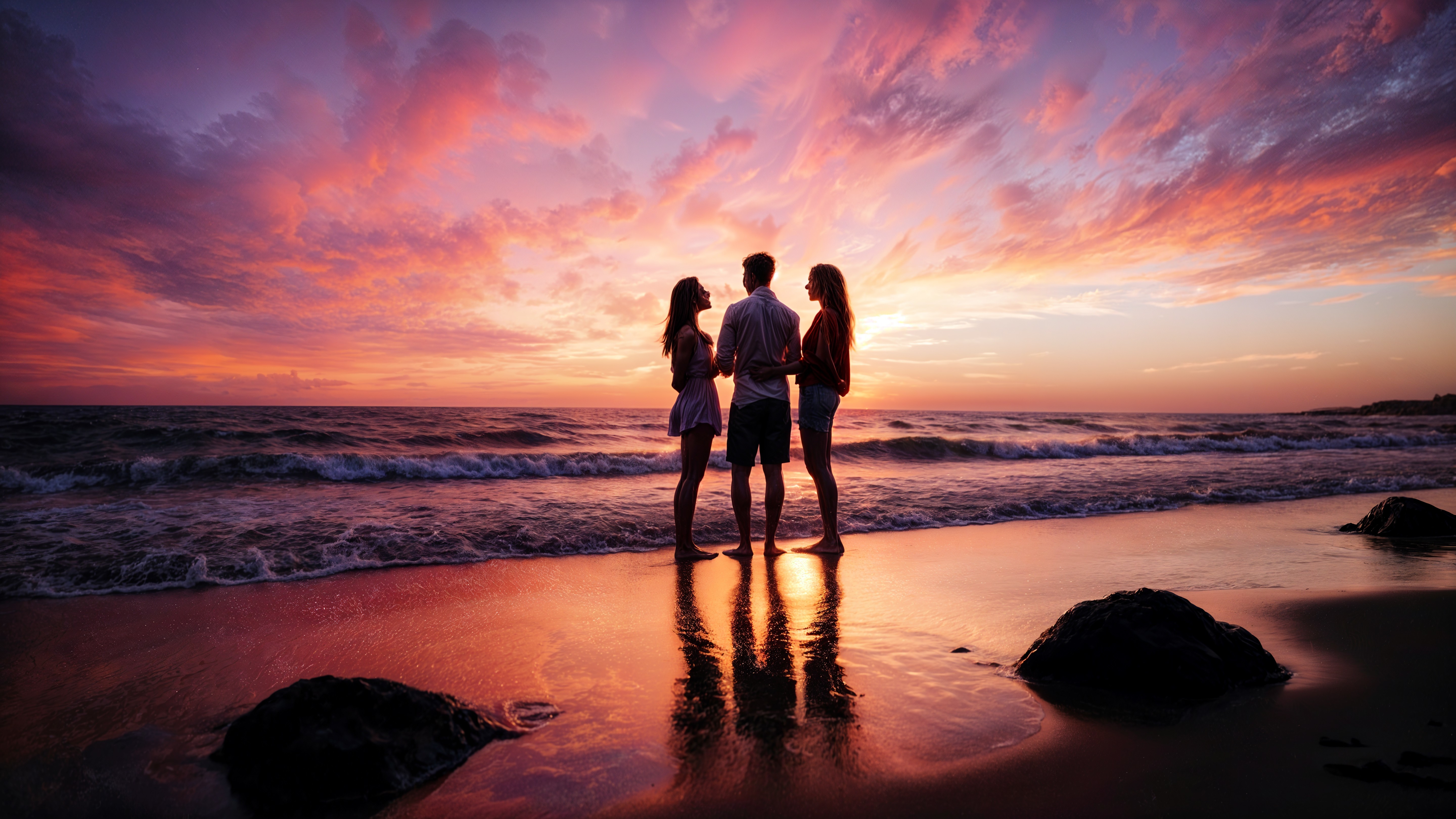 Three Friends at Sunset on a Beach with Waves