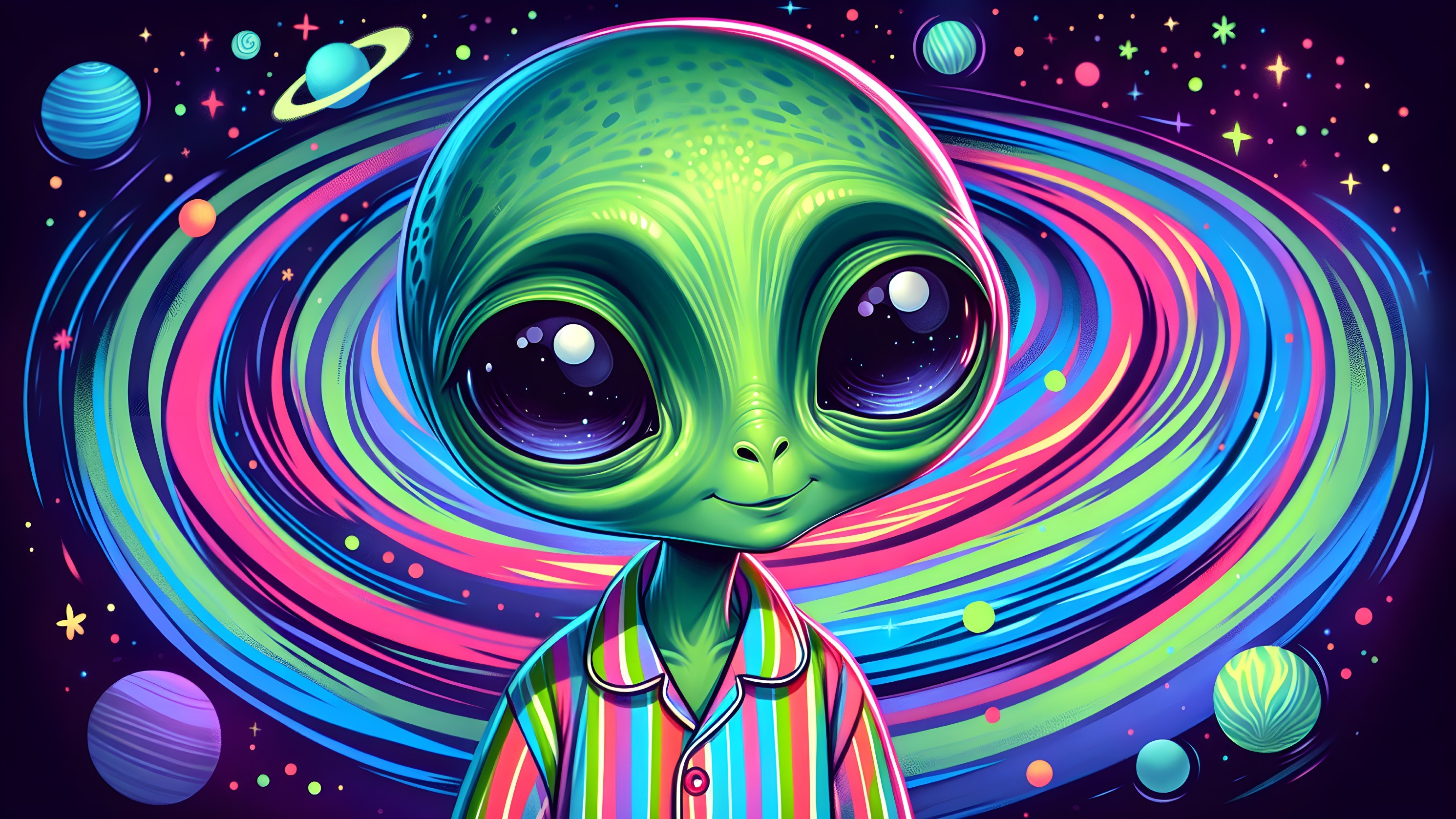 Whimsical Alien Character in Colorful Pajamas in Space