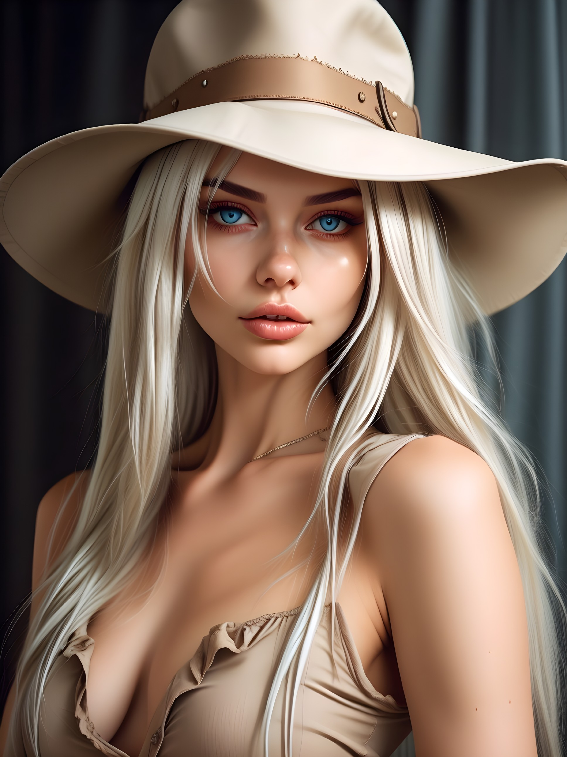 Close-up of a young woman with blonde hair and blue eyes
