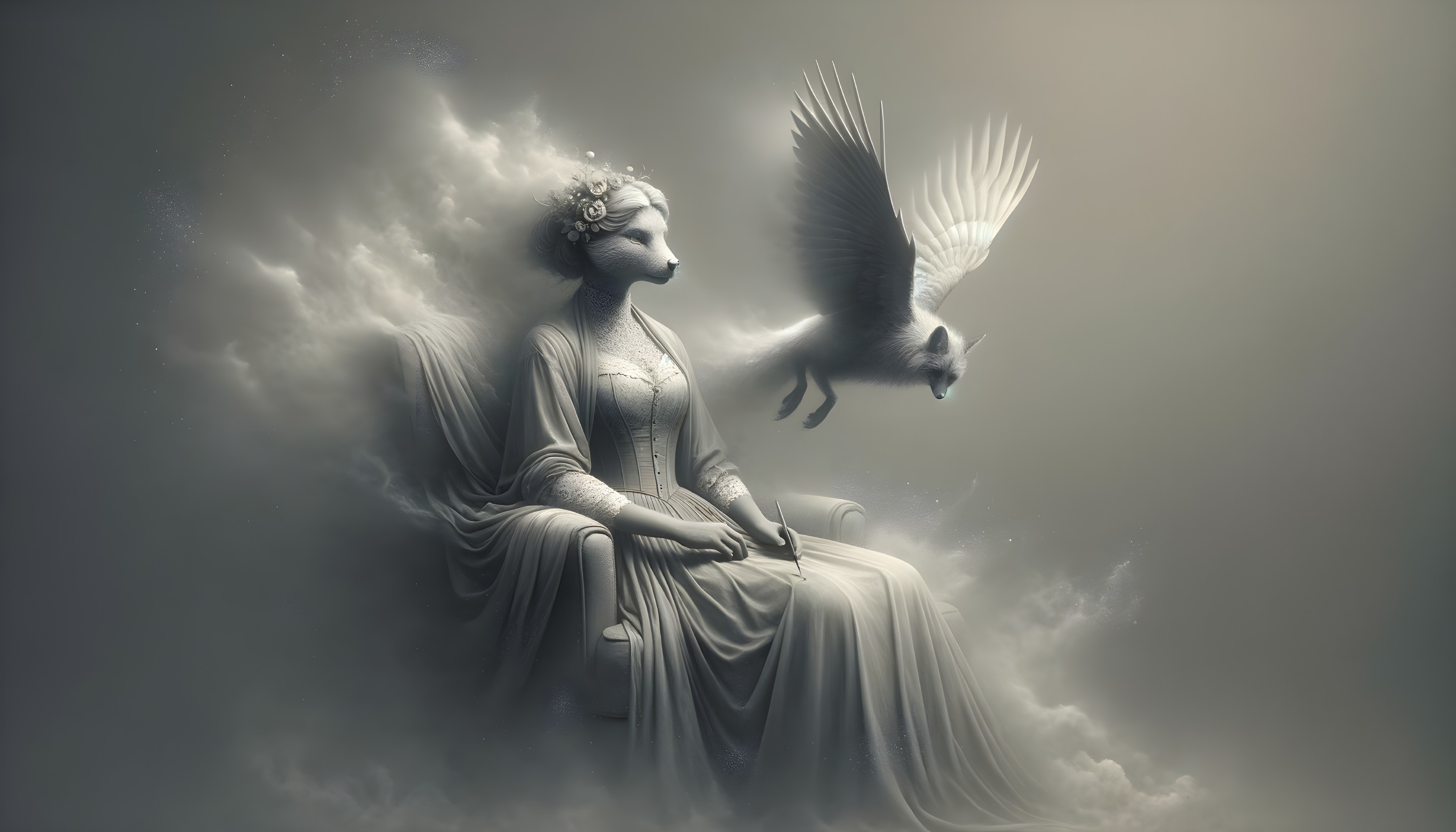 Serene figure in flowing robes with ethereal fox in mist