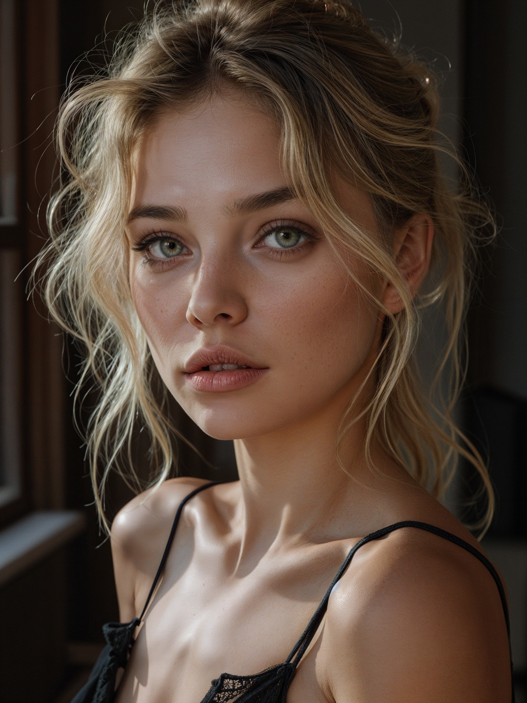 Young woman with radiant skin and striking green eyes