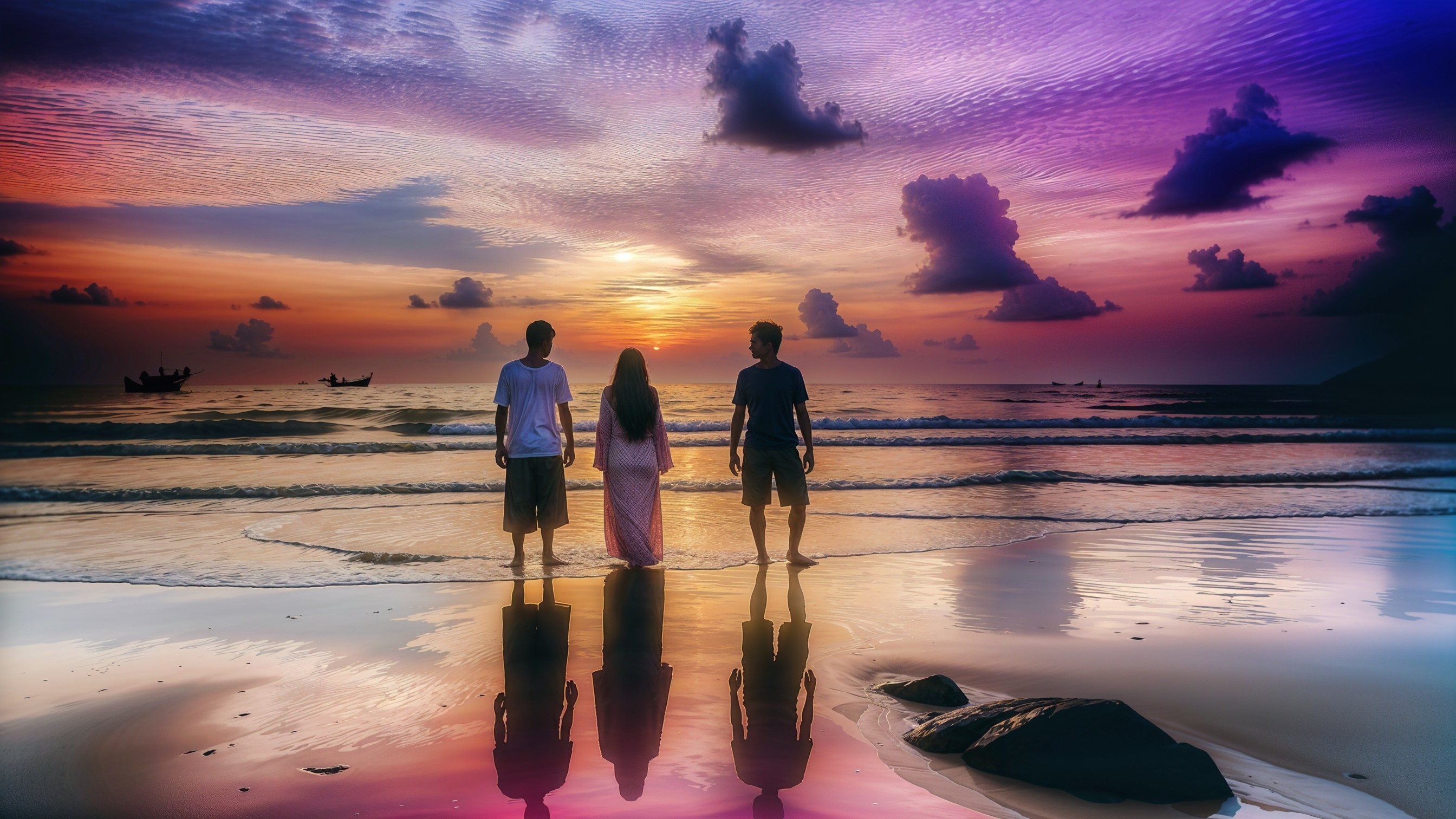 Silhouetted Figures on a Sunset Beach Scene