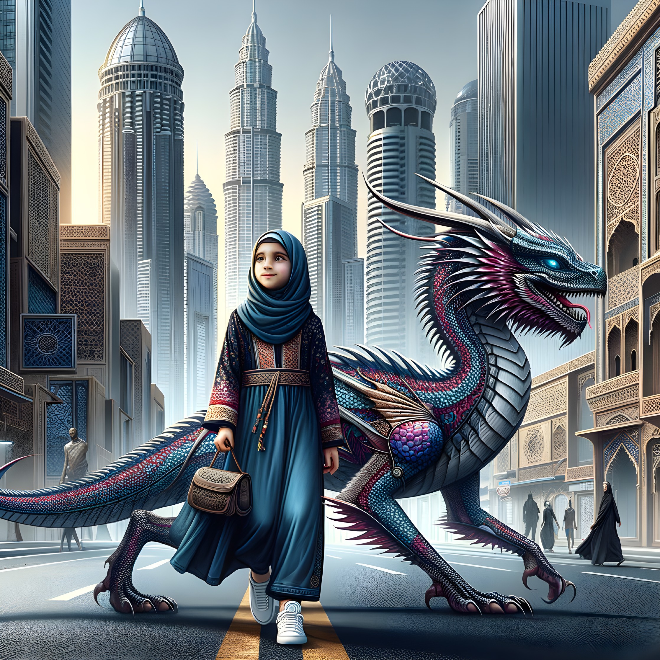 Futuristic Cityscape with Girl and Colorful Dragon
