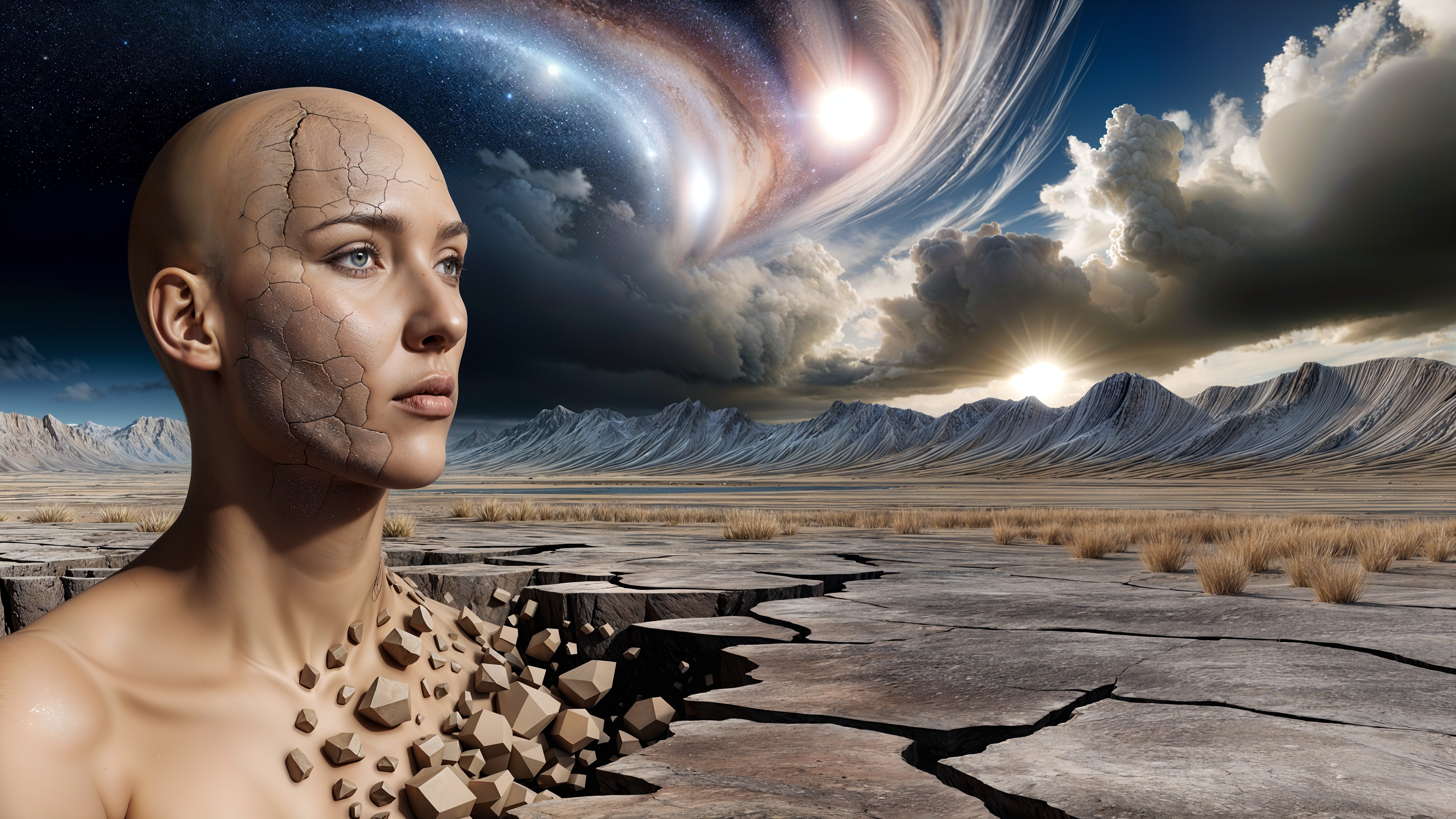 Humanoid Figure in Barren Landscape with Cosmic Background