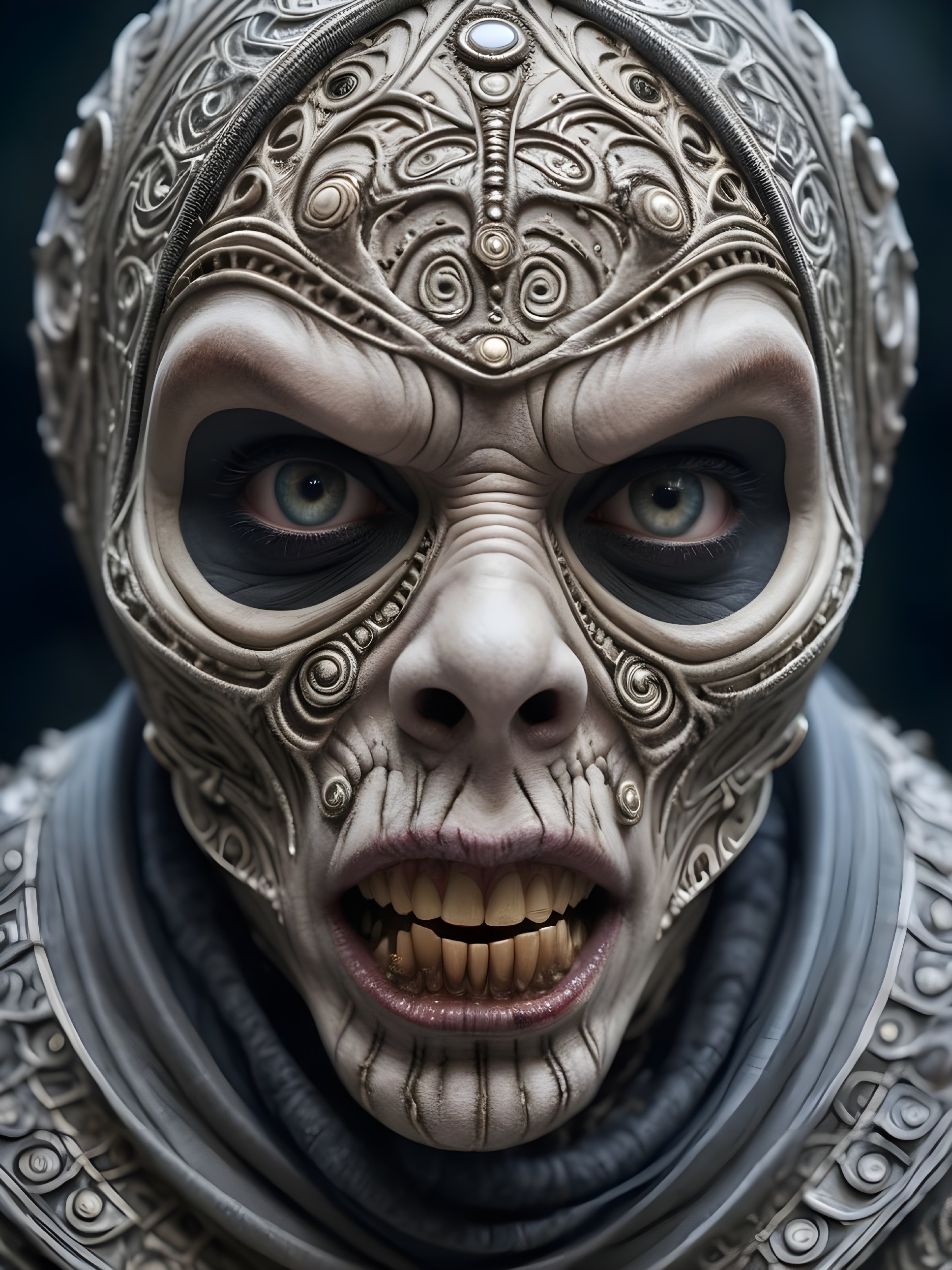 Close-Up of Ornate Masked Figure with Fierce Expression