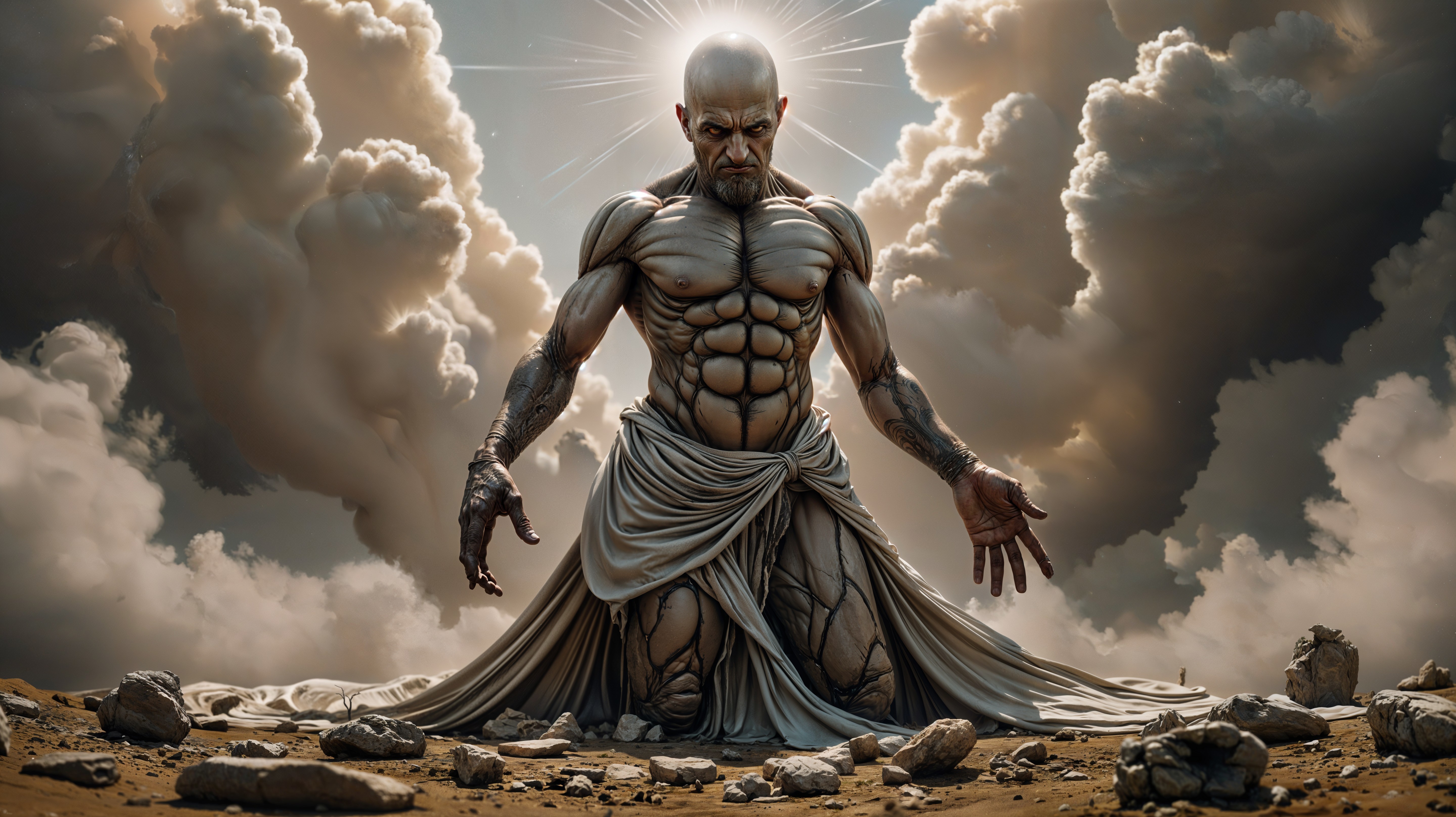 Divine Figure in Barren Landscape with Ethereal Glow