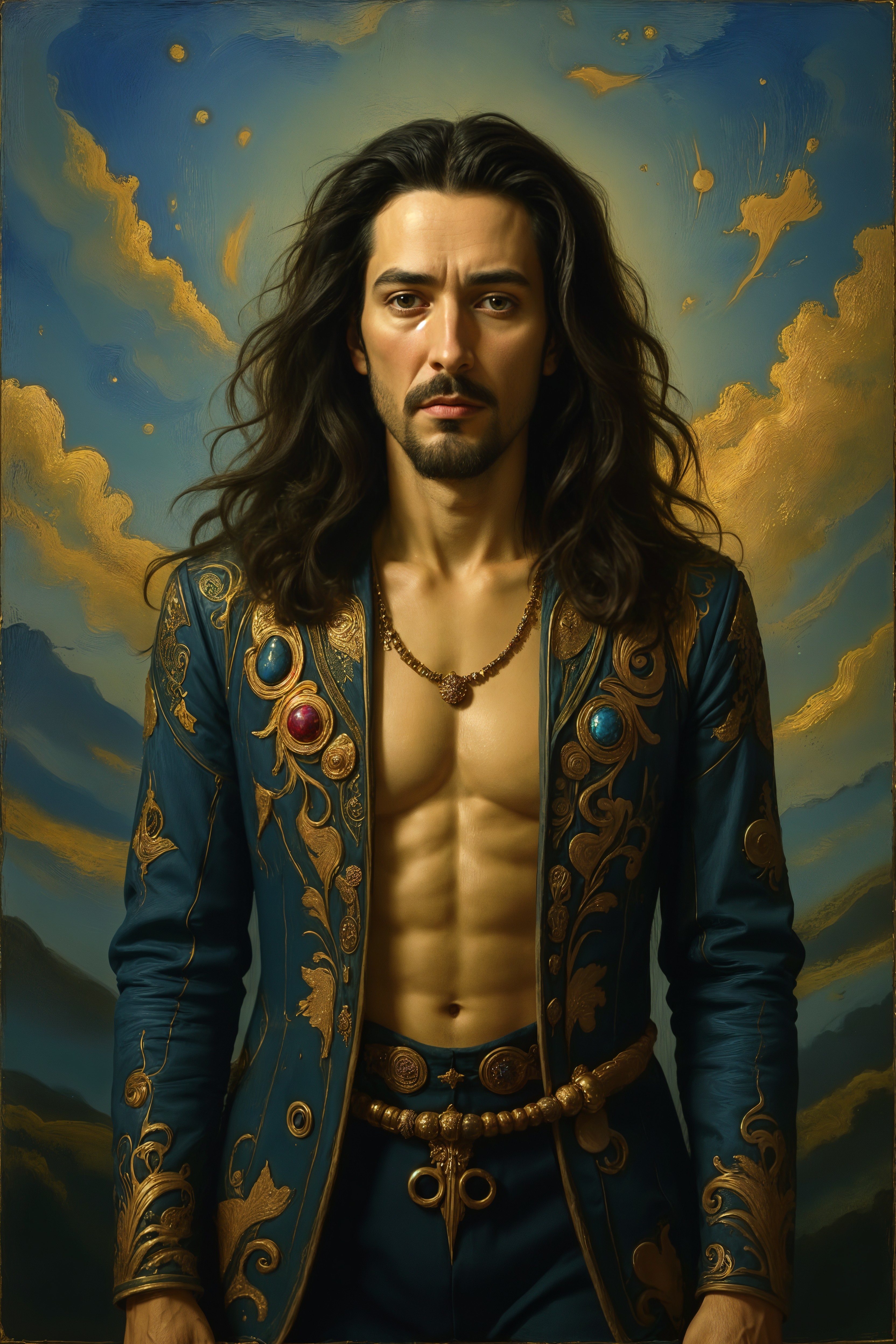 Portrait of a man in ornate blue jacket with gemstones