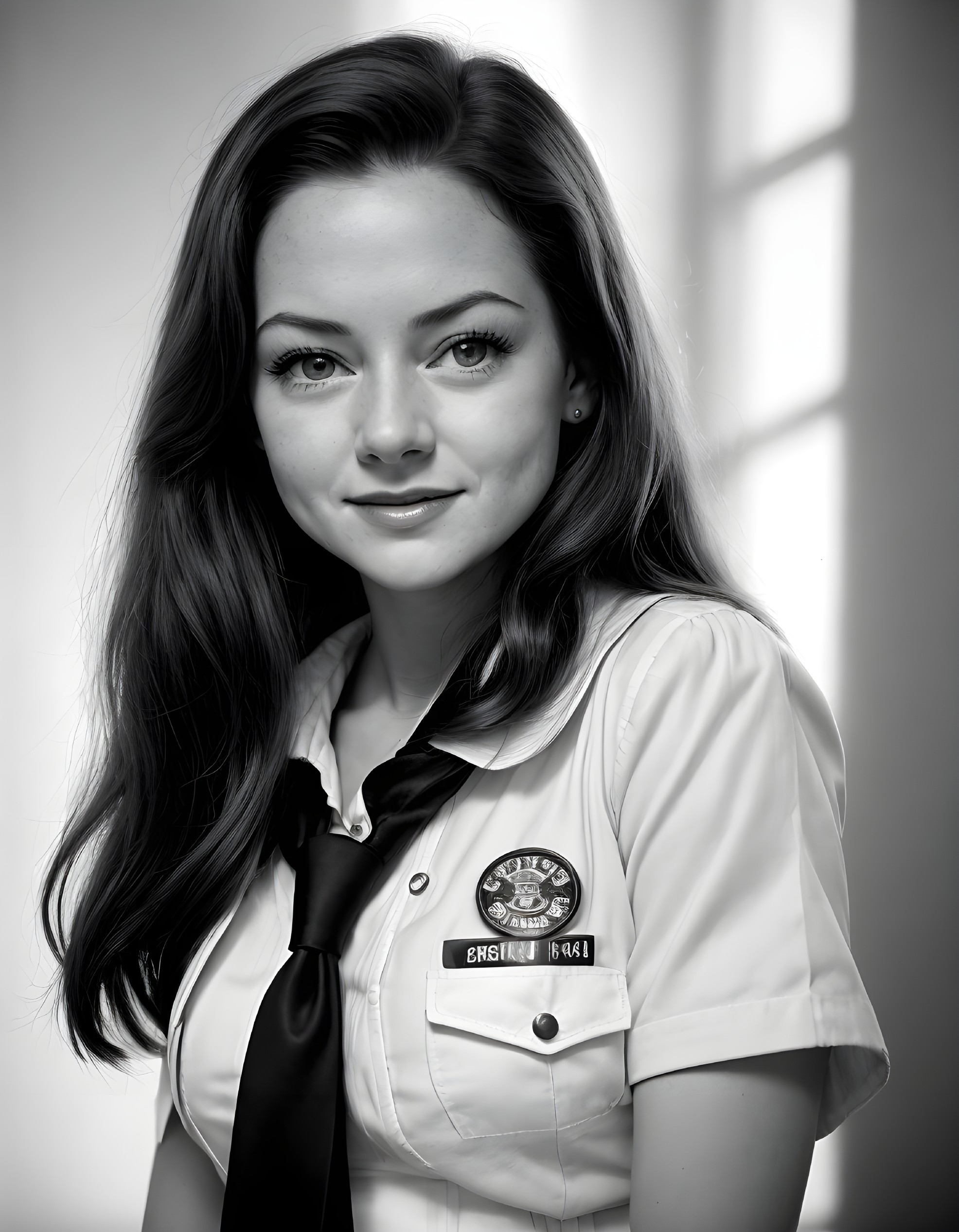 Smiling woman in black and white portrait with long hair and shirt badge