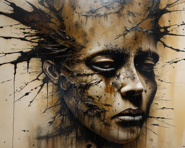 Mural of a somber face with textured background