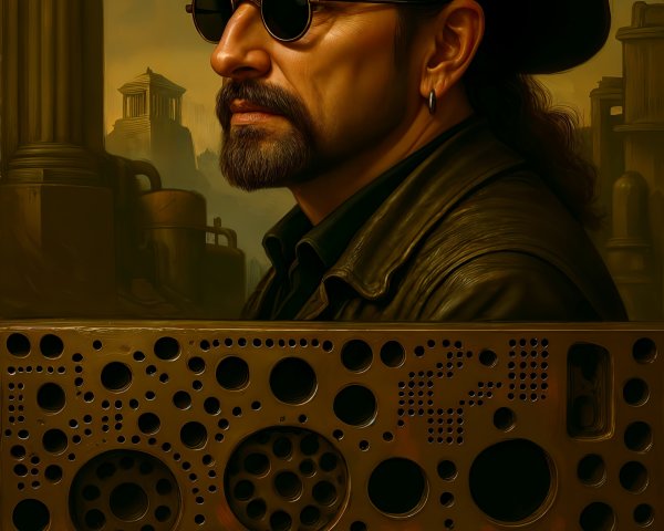 Rugged Man in Steampunk-Inspired Setting
