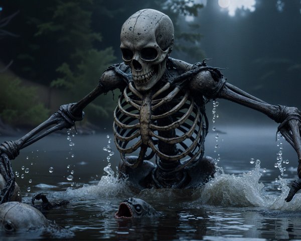 Skeletal Figure in a Misty, Shadowy Lake Scene
