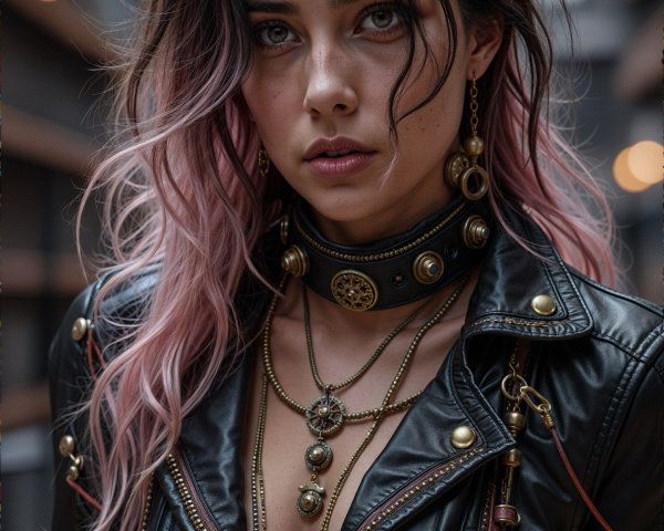 Young woman in black leather jacket with gold details