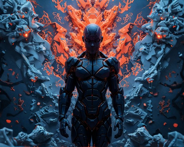 Futuristic Robot Surrounded by Glowing Abstract Shards