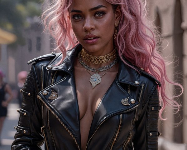 Young woman in studded leather jacket with pink hair