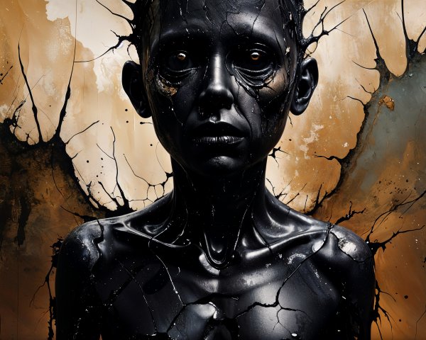Surreal Figure with Glossy Black Skin and Cracked Gold Background