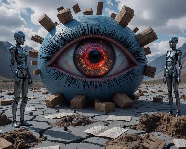 Surreal Landscape with Robots and Giant Eye