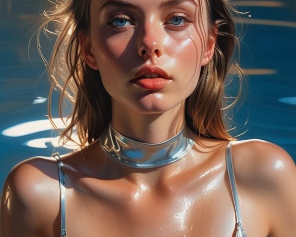 Woman in Silver Bikini in Shimmering Blue Pool