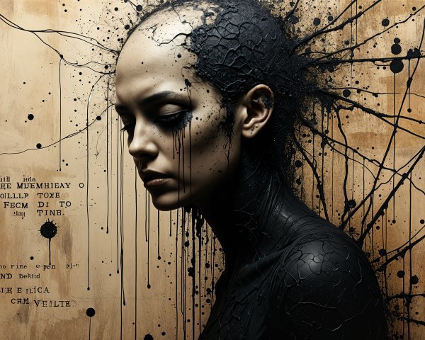 Woman with textured black face in abstract background