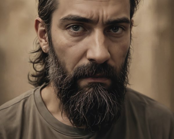 Portrait of a Serious Man with Dark Hair and Beard