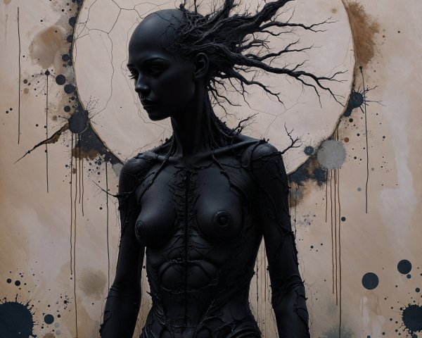 Sculpted Black Figure with Textured Organic Elements