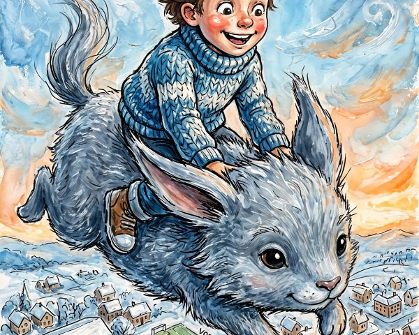 Watercolor Illustration of Boy Riding a Gray Rabbit