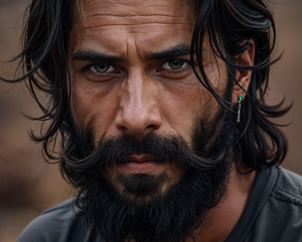 Close-Up Portrait of a Man with Long Hair and Beard