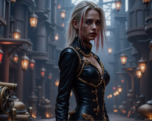 Striking figure in leather outfit in dimly lit alleyway