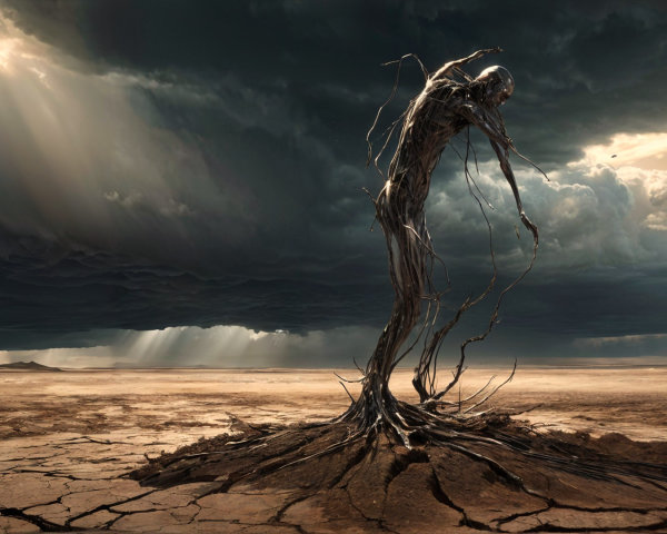 Skeletal Tree Figure in Barren Landscape Under Dark Sky