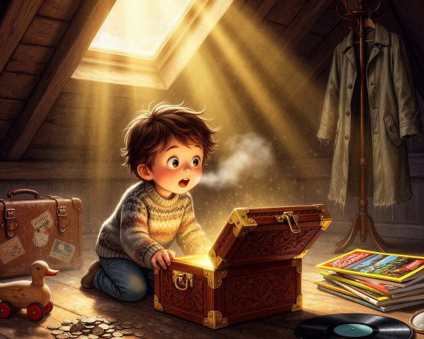 Boy in Attic Awed by Glowing Treasure Chest