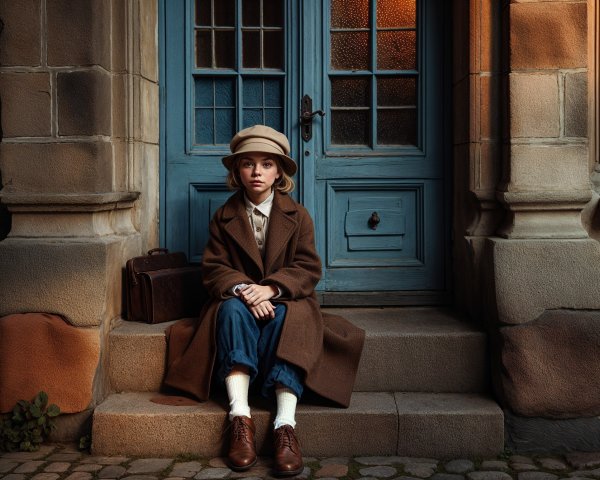 Child on Stone Steps with Vintage Suitcase and Building