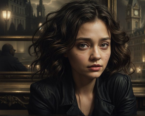 Young woman in leather jacket in café with clock tower