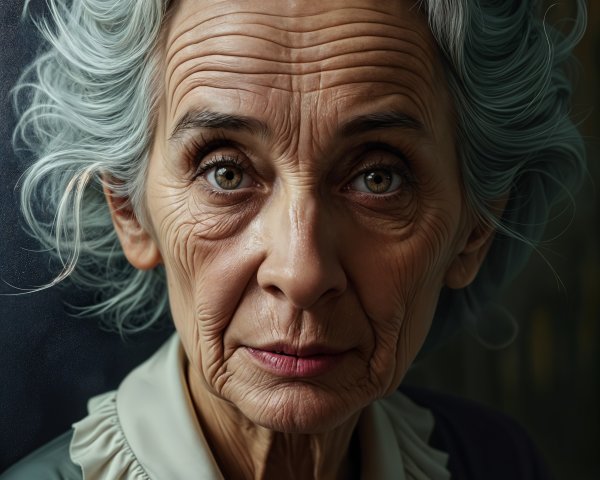 Elderly Woman with Gray Curls and Vintage Blouse