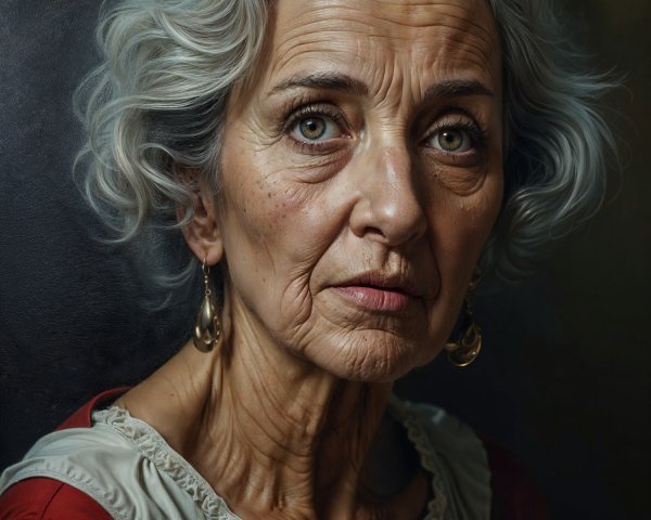 Portrait of an Elderly Woman with Green Eyes and Red Garment