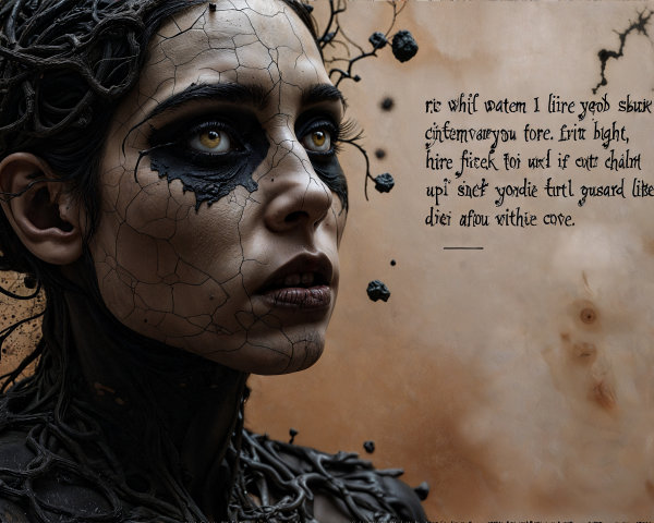 Striking Figure with Cracked Face and Thorny Hair