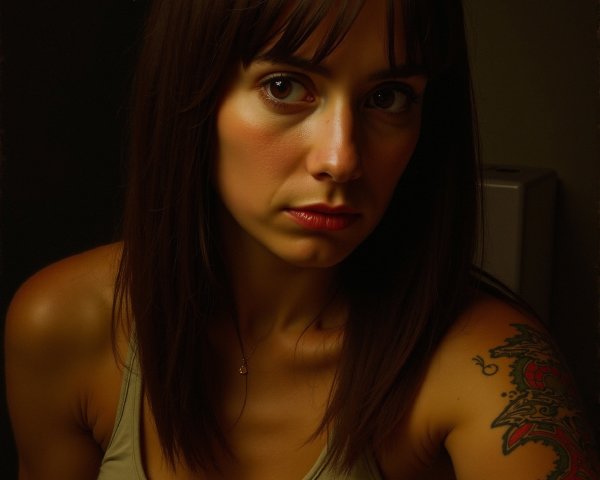Portrait of a woman with long hair and serious expression
