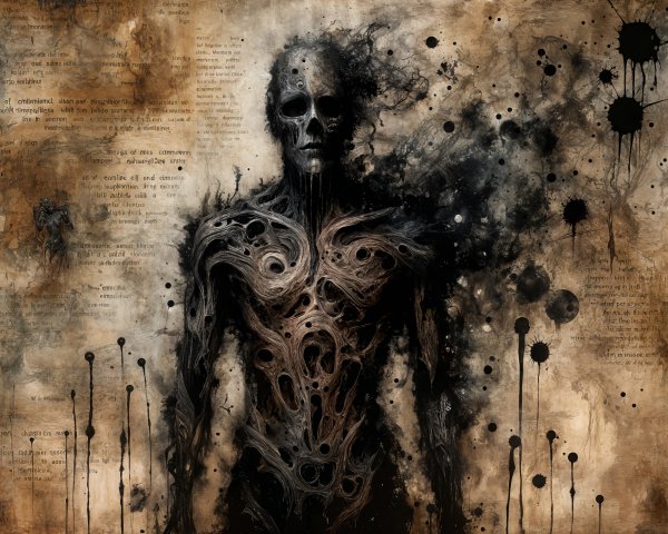 Dark Skeletal Figure in Chaotic Abstract Background