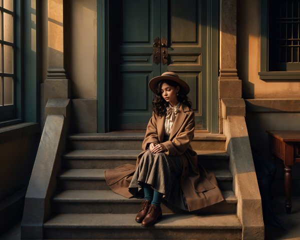 Young woman in cozy coat on vintage building steps
