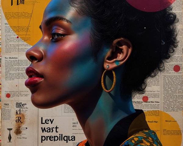 Woman in Profile with Vibrant Face Paint and Collage Background