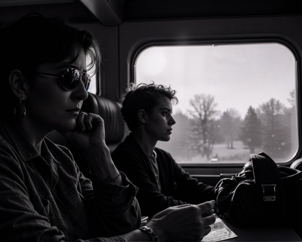 Dimly Lit Train Compartment with Reflective Passengers
