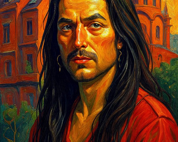 Portrait of a Man with Long Dark Hair and Red Shirt