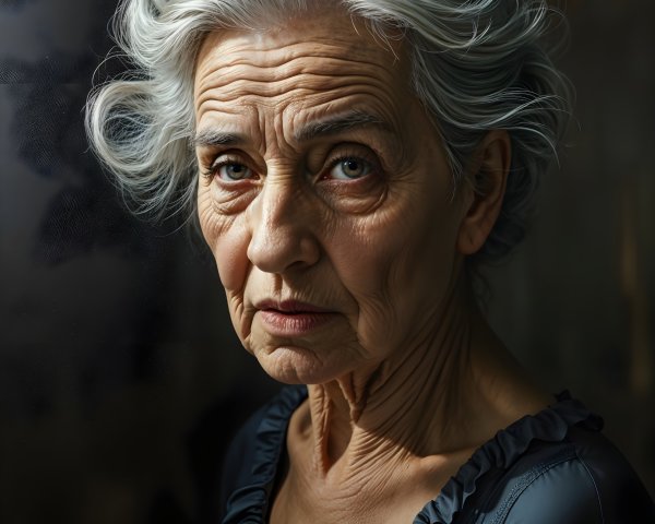 Portrait of an elderly woman with gray hair and wrinkles