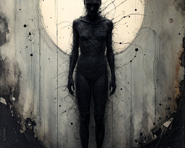 Haunting Figure Amidst Glass Shards and Moonlight