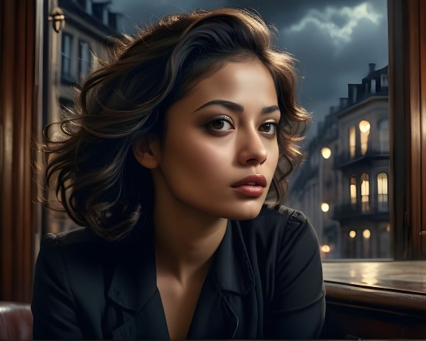 Young woman in dim room gazing out window
