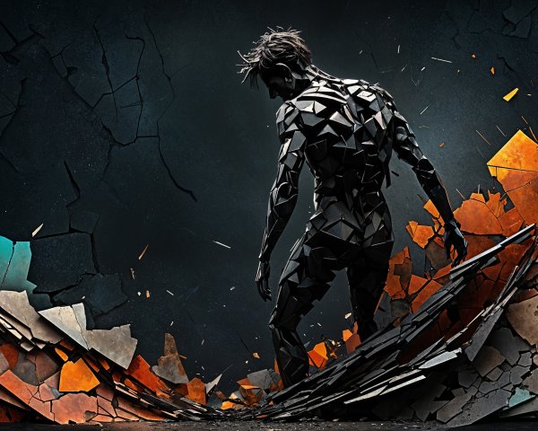 Fragmented Figure Against Dark Background with Energy Bursts