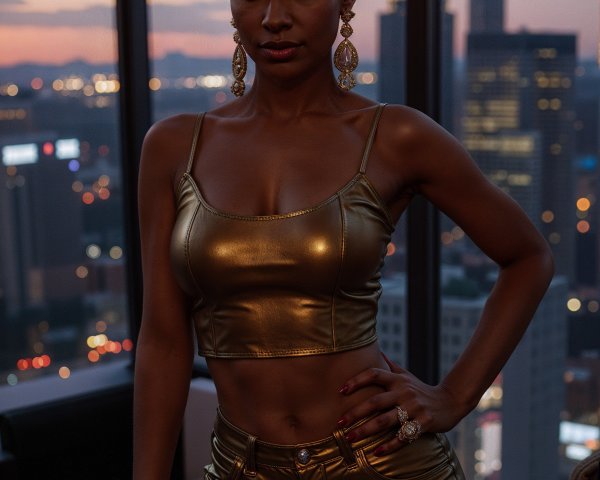 Confident Woman in Gold Outfit Against City Skyline
