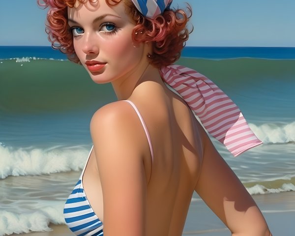 Young Woman in Striped Bikini at the Beach