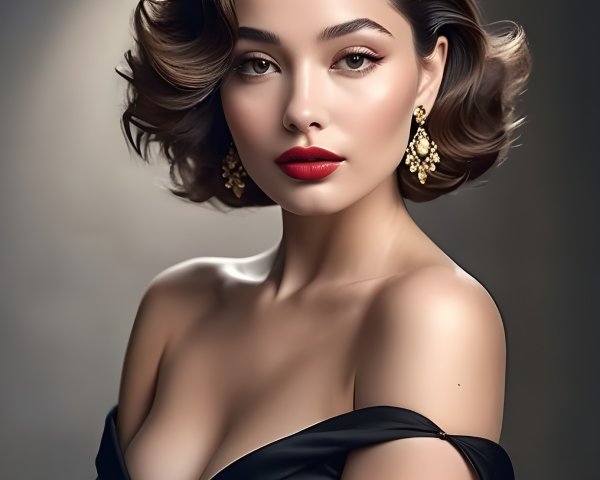 Glamorous Woman in Black Off-Shoulder Dress and Vintage Waves