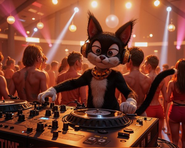 Cartoon Cat DJ Mixing Tracks at a Vibrant Party Scene