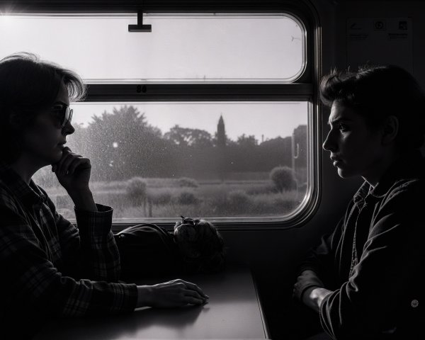 Train Scene with Two Figures and Serene Landscape